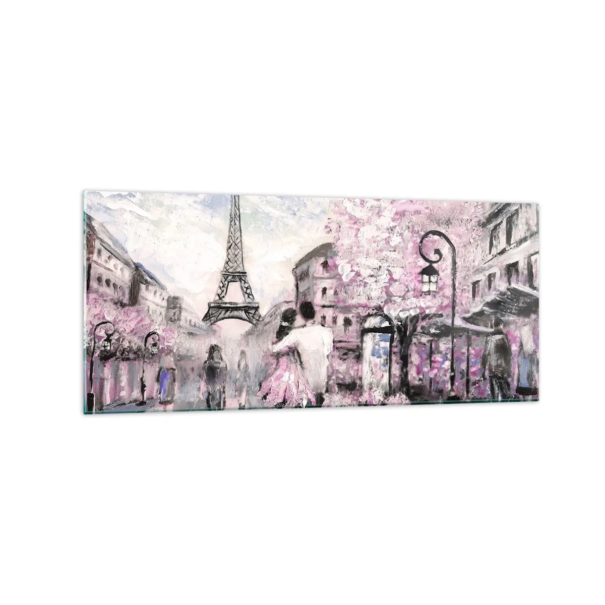 Impression sur verre - Image sur verre - Une promenade romantique à Paris près de la Tour Eiffel - 120x50cm - Comment tomber amoureu, il faut juste... - Décoration murale moderne pour le salon et la chambre ARTTOR