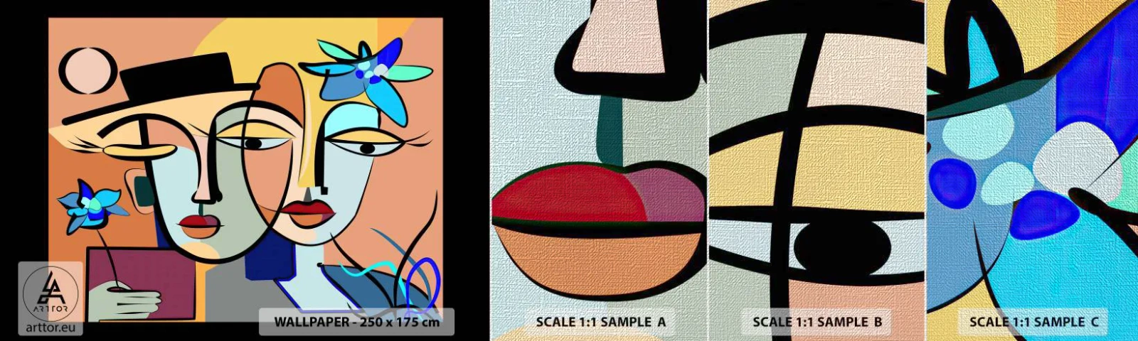 Échantillon de Papier Peint Premium Canvas - Le Rendez-vous de Picasso - Visages, Moderne, Cubisme - 100x30 cm
