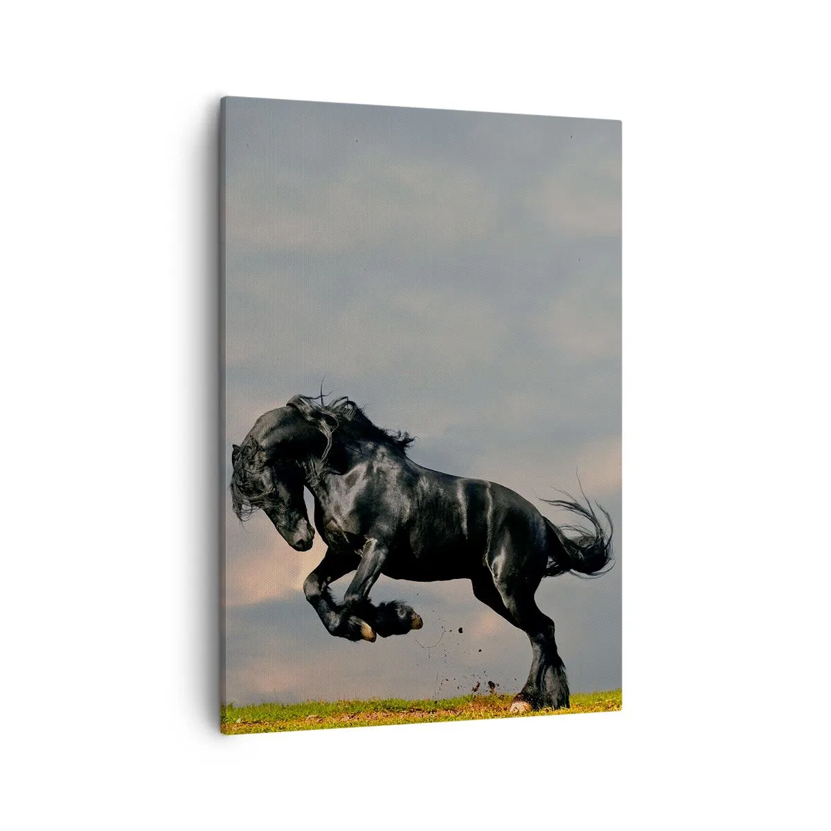 Impression sur toile - Image sur toile - Un cheval noir dans un saut dynamique contre le ciel - 50x70cm - Beau et libre - Décoration murale moderne pour le salon et la chambre ARTTOR