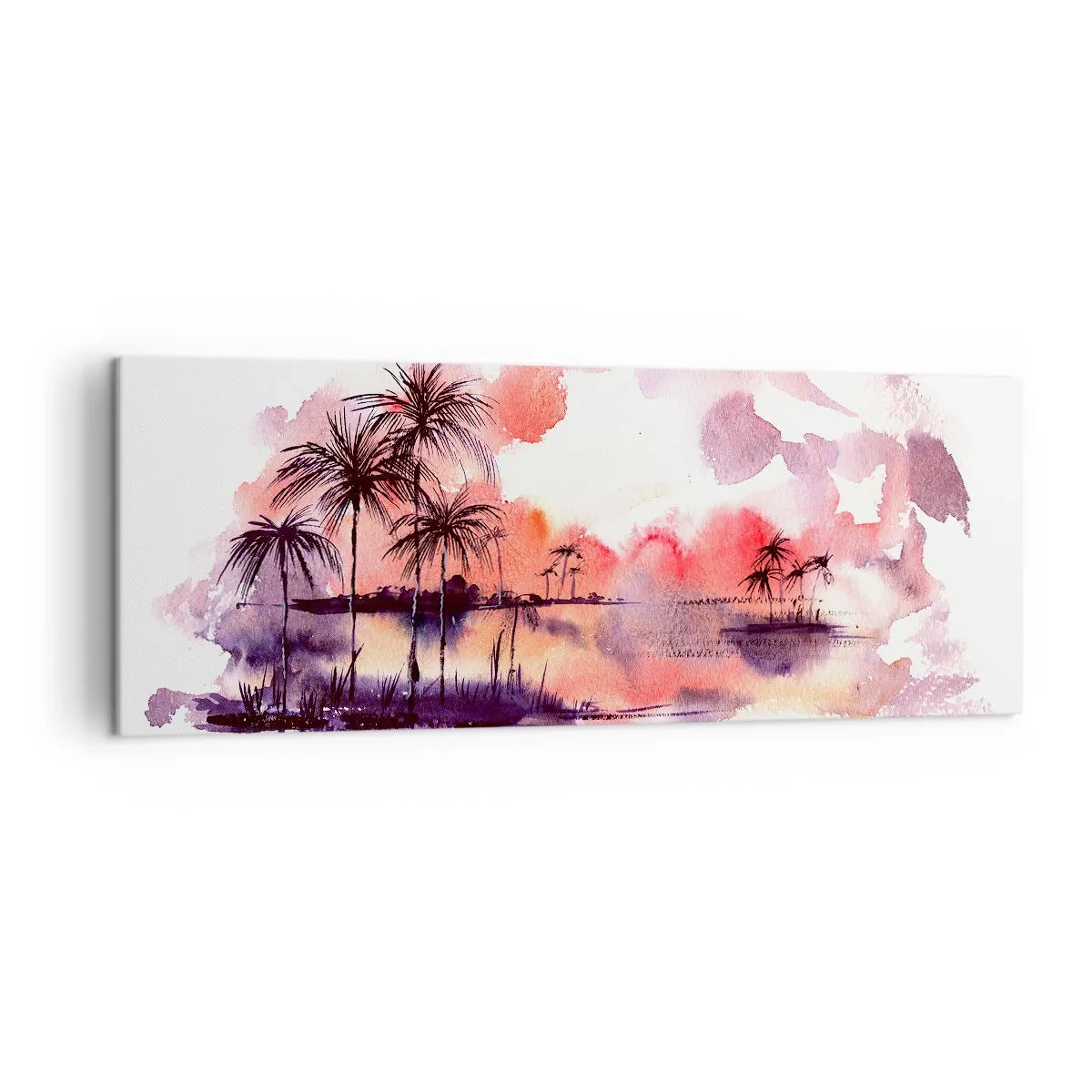 Impression sur toile - Image sur toile - Paysage tropical avec palmiers au coucher du soleil à l'aquarelle - 140x50cm - La tranquillité des tropiques en rouge - Décoration murale moderne pour le salon et la chambre ARTTOR