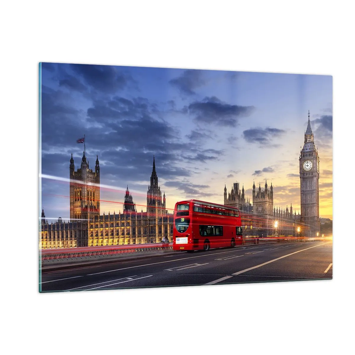 Impression sur verre - Image sur verre - Big Ben et le bus rouge à Londres au coucher du soleil - 120x80cm - Caractères spéciaux - Décoration murale moderne pour le salon et la chambre ARTTOR