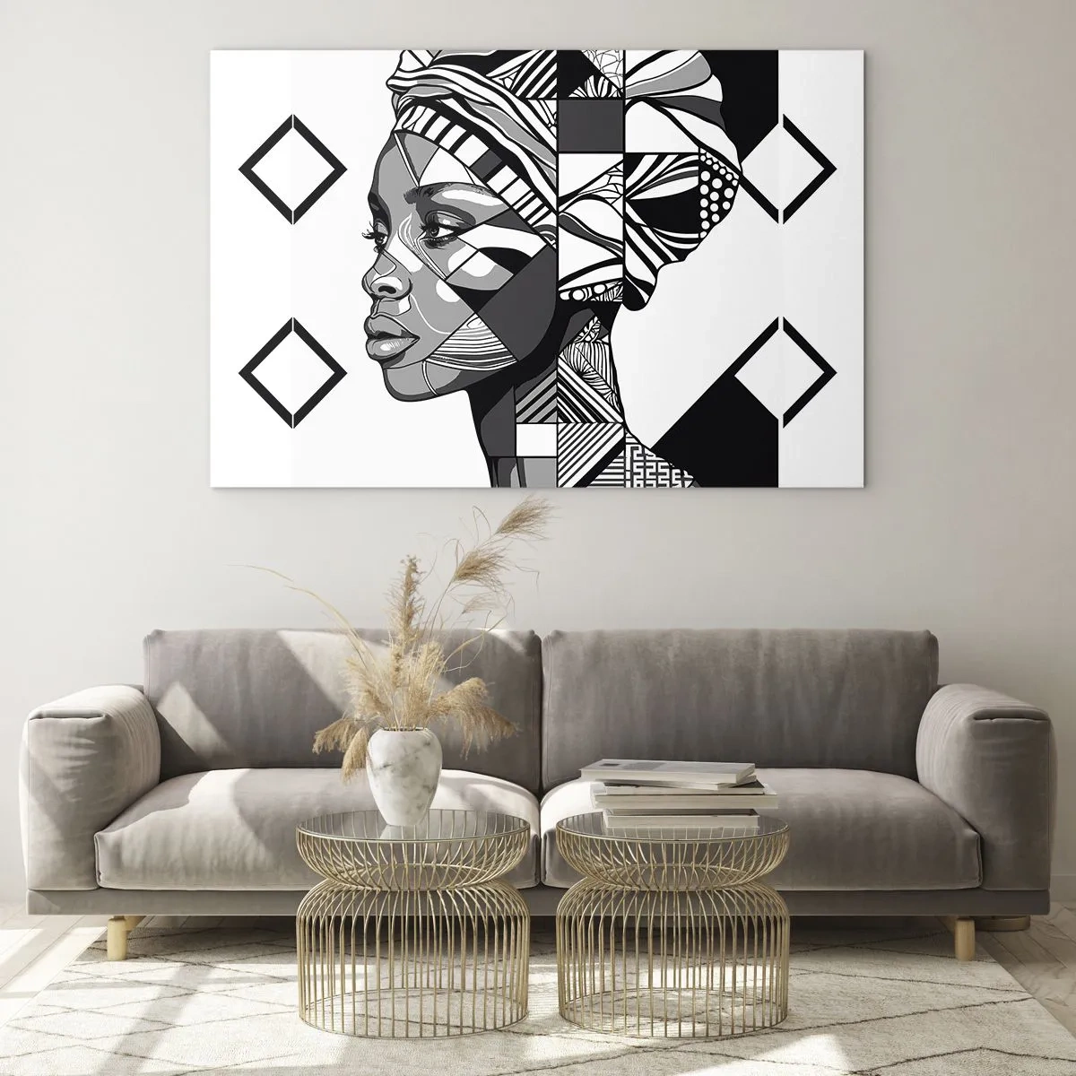 Impression sur verre - Image sur verre - Portrait ethnique noir et blanc d'une femme aux motifs géométriques - 120x80cm - Portrait ethnique - Décoration murale moderne pour le salon et la chambre ARTTOR
