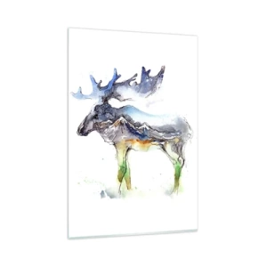 Impression sur verre - Image sur verre - Silhouette aquarelle d'un élan avec un paysage de montagne - 80x120cm - Le héros d'un conte d'hiver - Décoration murale moderne pour le salon et la chambre ARTTOR
