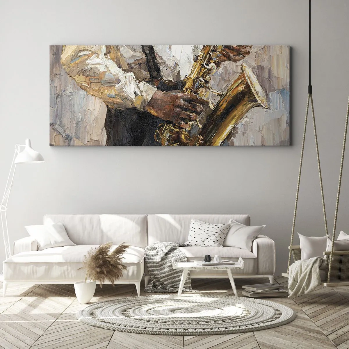 Impression sur toile - Image sur toile - Un musicien jouant du saxophone dans un style artistique - 140x50cm - C'est l'heure du solo - Décoration murale moderne pour le salon et la chambre ARTTOR