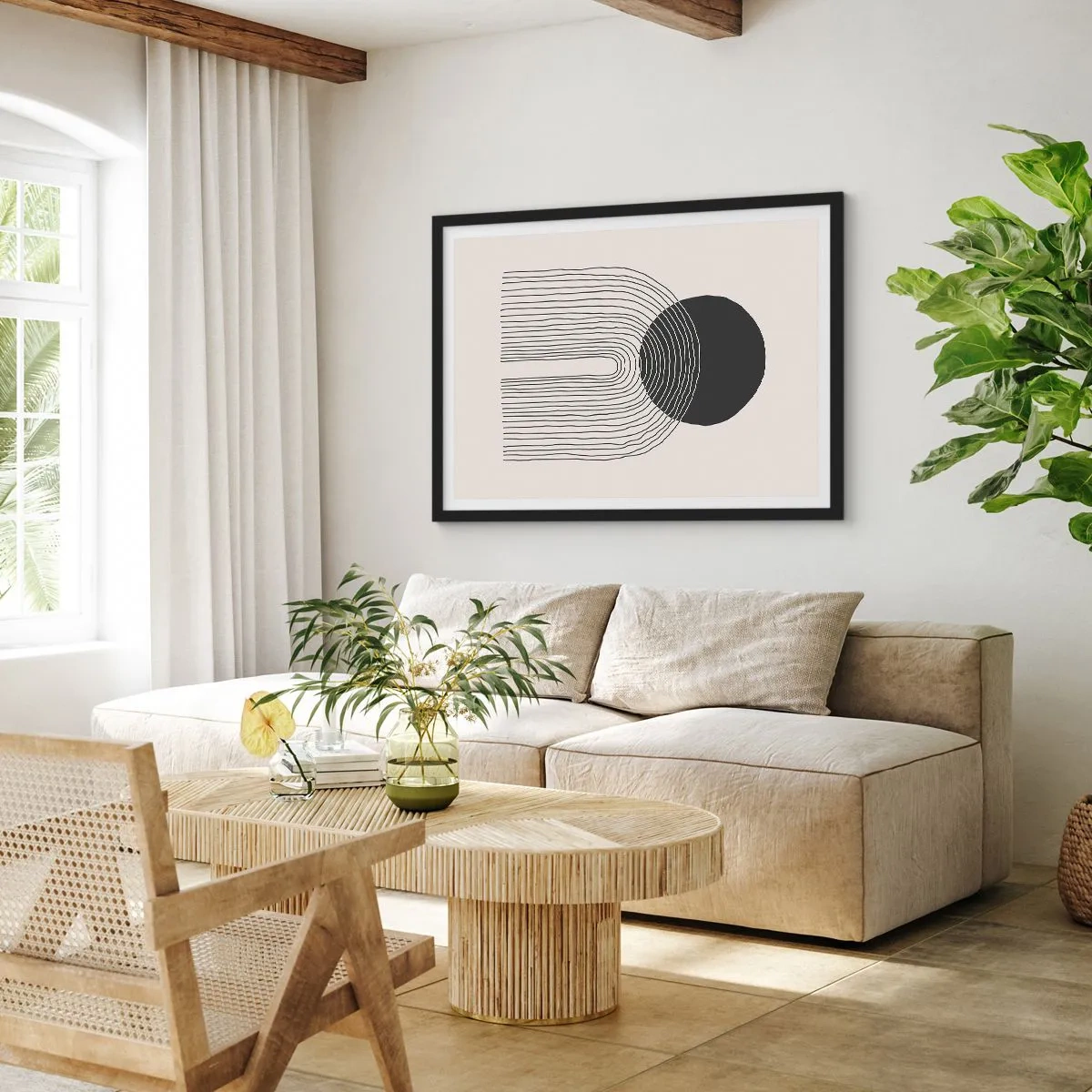 Affiche dans un cadre noir - Poster - Motif abstrait avec des lignes et un cercle noir sur un fond clair - 100x70cm - Tremblement et confiance - Décoration murale moderne pour le salon et la chambre ARTTOR