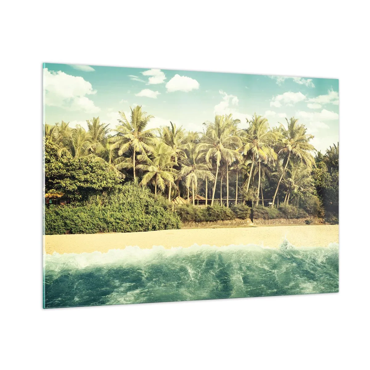Impression sur verre - Image sur verre - Une plage exotique avec des palmiers et une mer turquoise par une journée ensoleillée - 100x70cm - Peut-être ici? - Décoration murale moderne pour le salon et la chambre ARTTOR