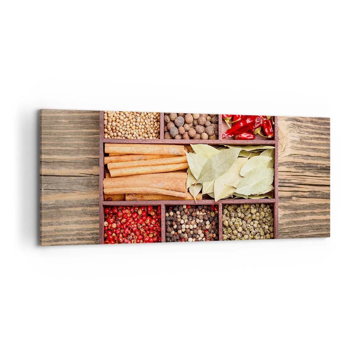 Impression sur toile - Image sur toile - Boîte en bois avec diverses épices dans des compartiments - 120x50cm - Ordre des formes, bouquet d'arômes - Décoration murale moderne pour le salon et la chambre ARTTOR