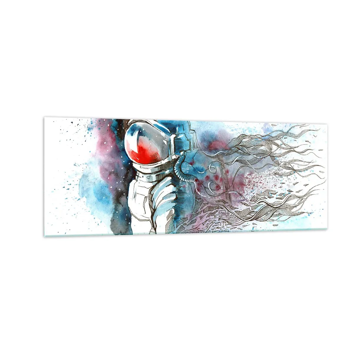 Impression sur verre - Image sur verre - Un cosmonaute dans une aquarelle dynamique avec des détails cosmiques - 140x50cm - Seul avec l'espace - Décoration murale moderne pour le salon et la chambre ARTTOR