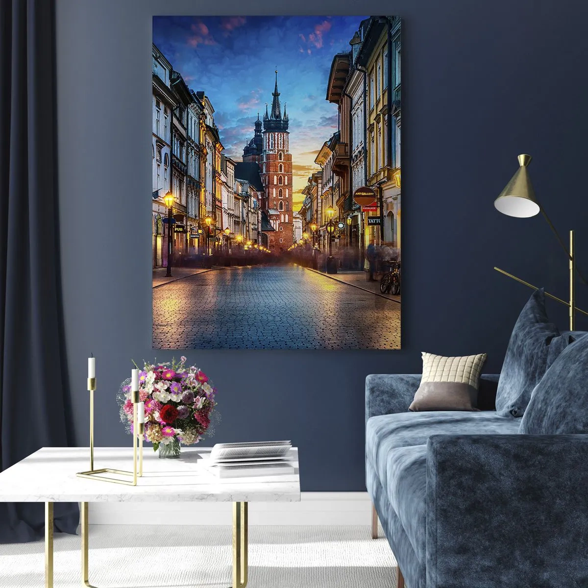 Impression sur verre - Image sur verre - Rue du soir avec vue sur la cathédrale de Cracovie - 70x100cm - La magie de Cracovie - Décoration murale moderne pour le salon et la chambre ARTTOR