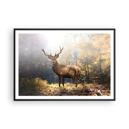 Affiche dans un cadre noir - Poster - Cerf dans la forêt d'automne avec les rayons du soleil - 100x70cm - Toute sa majesté - Décoration murale moderne pour le salon et la chambre ARTTOR