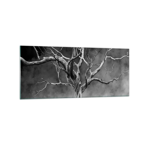 Impression sur verre - Image sur verre - Un arbre sec en noir et blanc contre le brouillard - 120x50cm - Primordial et sacré - Décoration murale moderne pour le salon et la chambre ARTTOR