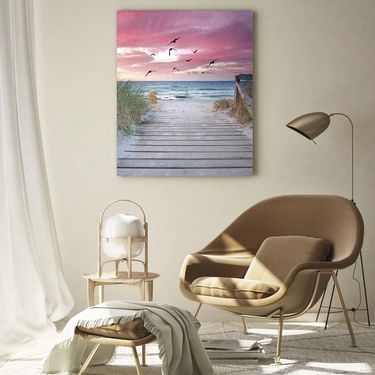 Impression sur verre - Image sur verre - Chemin en bois sur la plage au coucher du soleil rose - 80x120cm - Impression de la Baltique - Décoration murale moderne pour le salon et la chambre ARTTOR