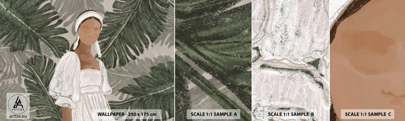 Échantillon de Papier Peint Autocollant Deluxe Sticker - Portrait exotique - Bohème, Femme, Feuilles - 100x30 cm