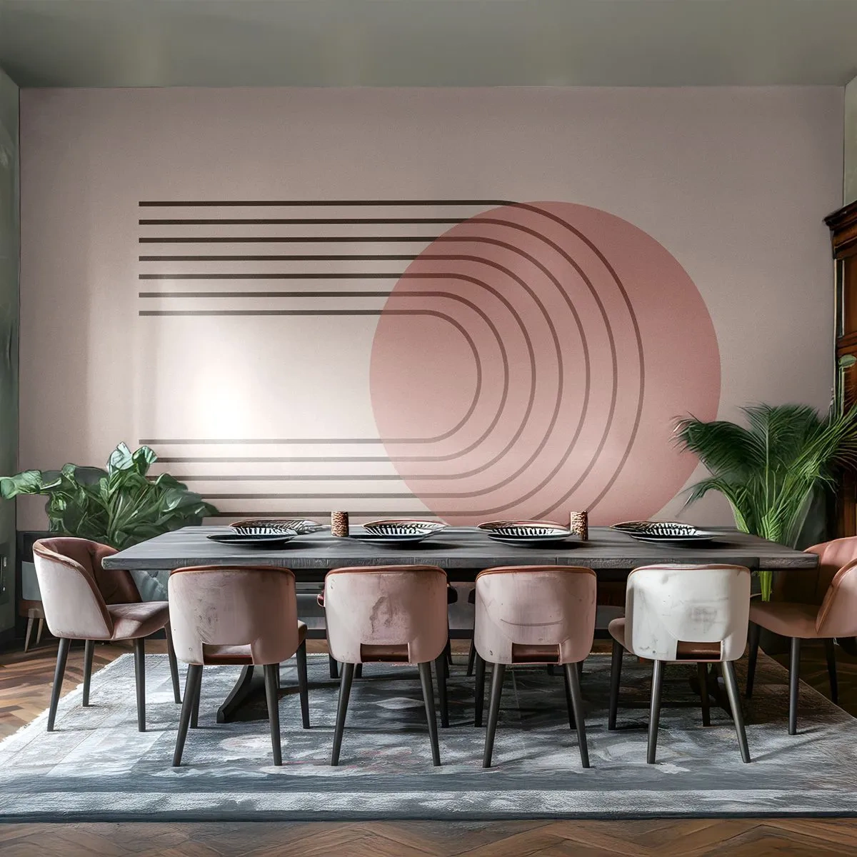 Papier Peint Photo Premium Canvas - Motif abstrait avec cercle et lignes roses - 100x70cm - Attraction irrésistible - Décoration murale moderne pour le salon et la chambre ARTTOR