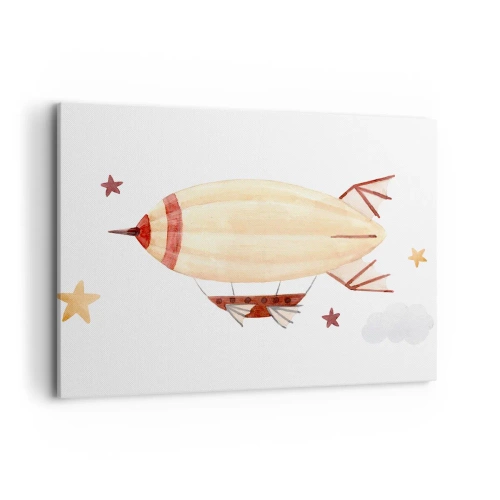 Impression sur toile - Image sur toile - Un dirigeable peint à la main sur fond d'étoiles - 100x70cm - Dirigeable - Décoration murale moderne pour le salon et la chambre ARTTOR