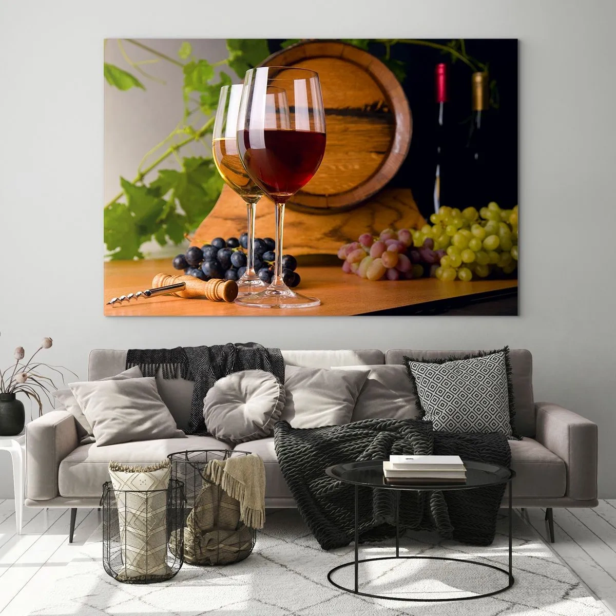 Impression sur verre - Image sur verre - Verres de vin, raisins et un tonneau sur fond de feuilles de vigne - 120x80cm - Comme les vieux maîtres - Décoration murale moderne pour le salon et la chambre ARTTOR