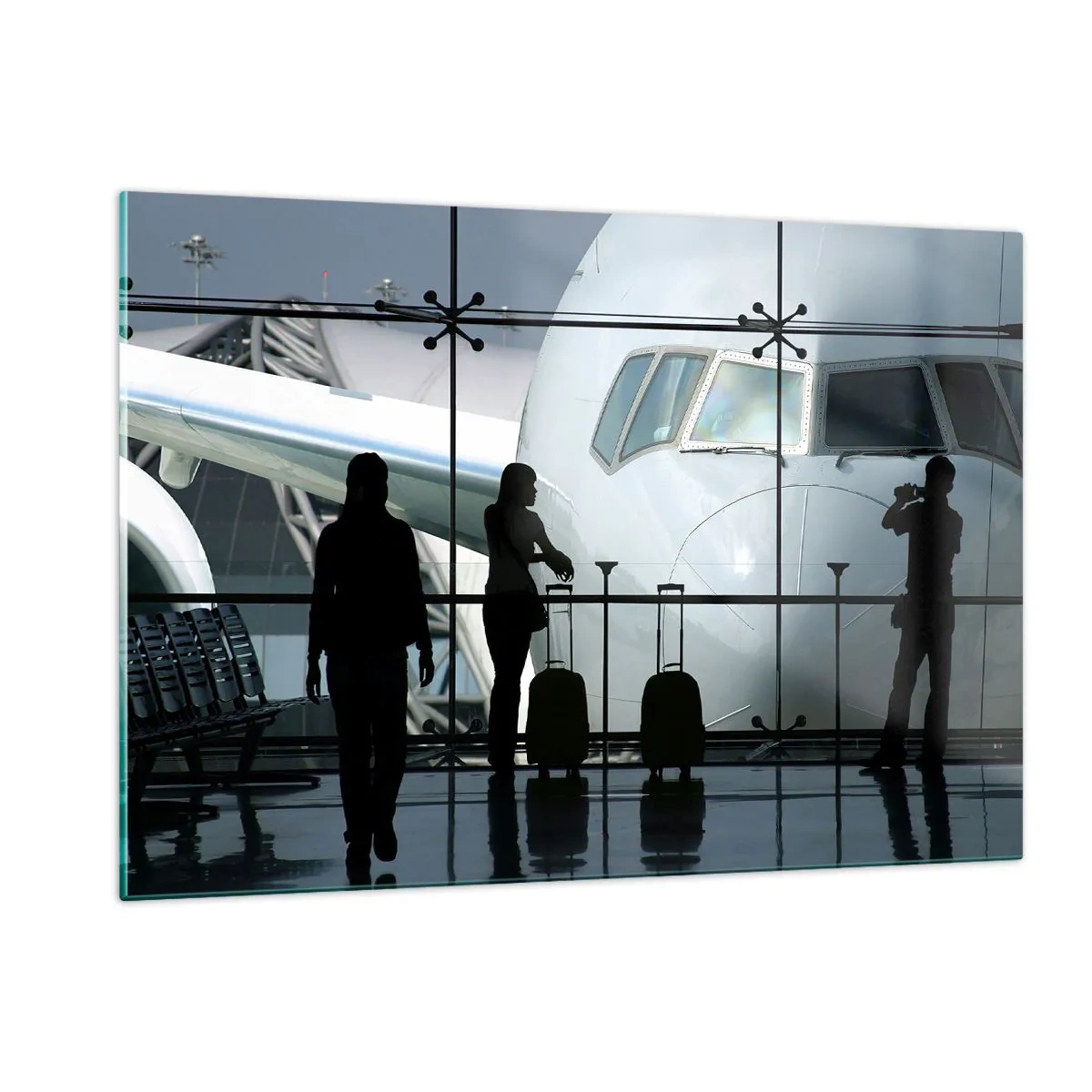Impression sur verre - Image sur verre - Aéroport avec vue sur l'avion et silhouettes de voyageurs - 120x80cm - Vis-à-vis de l'aéroport - Décoration murale moderne pour le salon et la chambre ARTTOR