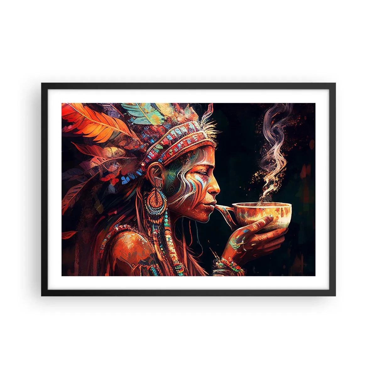 Affiche dans un cadre noir - Poster - Une figure colorée de style ethnique avec une tasse de boisson fumante - 70x50cm - Rituel magique - Décoration murale moderne pour le salon et la chambre ARTTOR