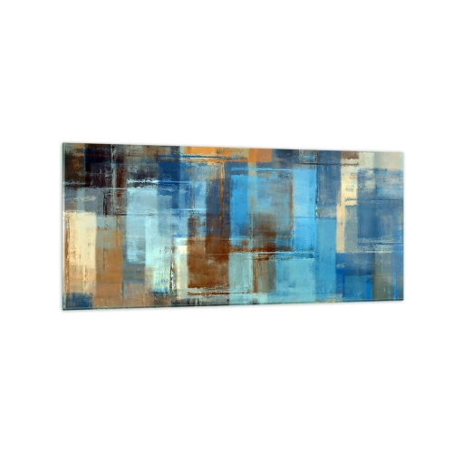 Impression sur verre - Image sur verre - Composition géométrique abstraite dans les tons de bleu et de marron - 120x50cm - A travers le voile bleu - Décoration murale moderne pour le salon et la chambre ARTTOR