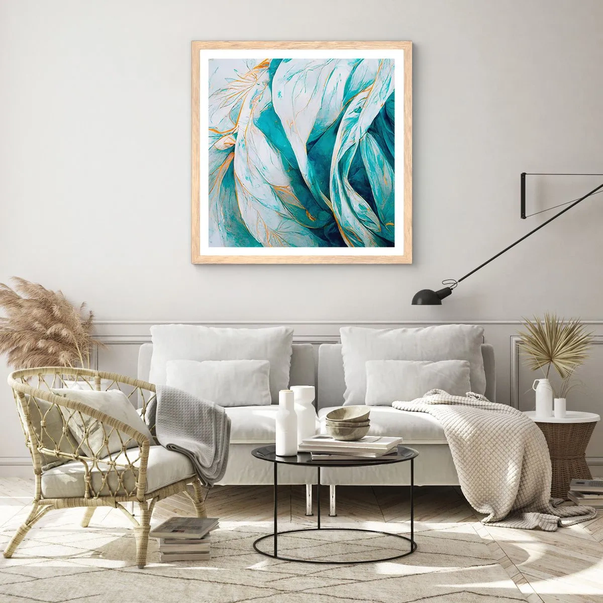 Affiche dans un chêne clair - Poster - Abstraction bleue avec un motif doré - 40x40 cm