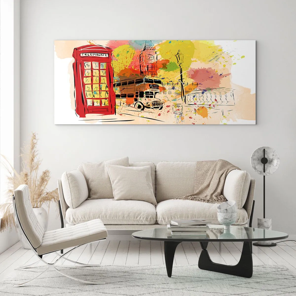 Impression sur verre - Image sur verre - Thème londonien avec bus rouge et stand - 140x50cm - La ville de la variété - Décoration murale moderne pour le salon et la chambre ARTTOR