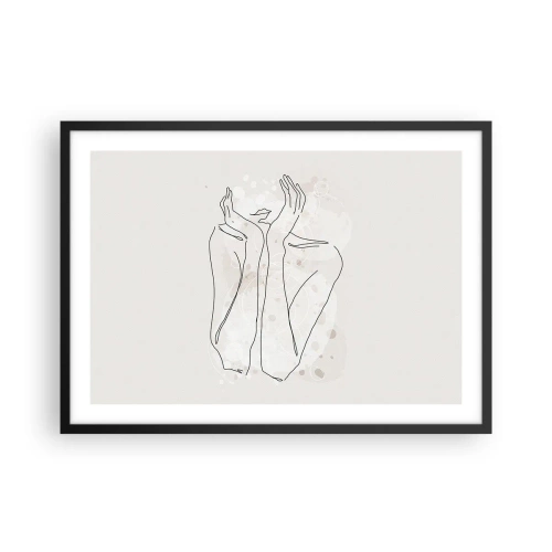 Affiche dans un cadre noir - Poster - Ligne de contour montrant les mains d'une femme sur un fond clair - 70x50cm - Instant de rêve - Décoration murale moderne pour le salon et la chambre ARTTOR
