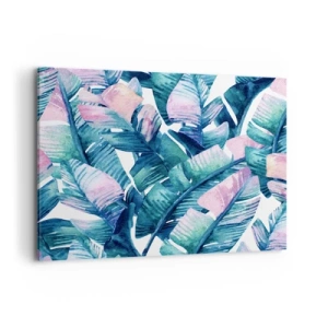 Impression sur toile - Image sur toile - Feuilles de bananier dans les tons bleu et rose - 100x70cm - Dans une bananeraie - Décoration murale moderne pour le salon et la chambre ARTTOR
