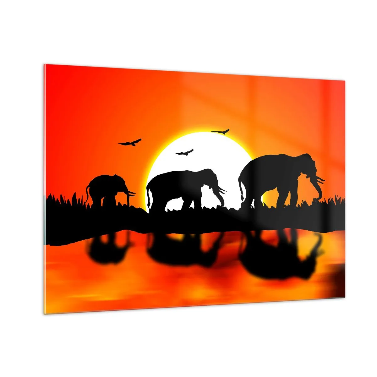Impression sur verre - Image sur verre - Silhouettes d'éléphants contre le soleil couchant - 100x70cm - Et le soir pour un petit verre - Décoration murale moderne pour le salon et la chambre ARTTOR