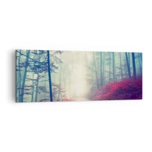 Impression sur toile - Image sur toile - Un sentier forestier magique entouré d'arbres et de brouillard - 140x50cm - Comme c'est bon de se lever à l'aube - Décoration murale moderne pour le salon et la chambre ARTTOR