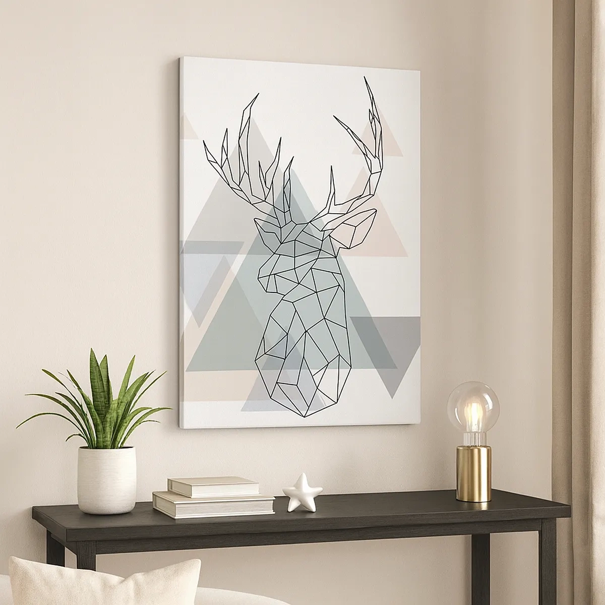 Impression sur toile - Image sur toile - Cerf géométrique sur fond de triangles pastel - 50x70cm - Dans une forêt géométrique - Décoration murale moderne pour le salon et la chambre ARTTOR