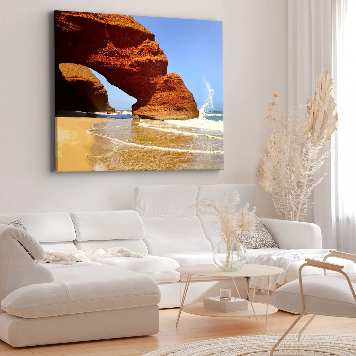 Impression sur toile - Image sur toile - Une arche rocheuse naturelle sur une plage avec un ciel bleu et des vagues - 100x70cm - L'eau et le vent depuis des milliers d'années - Décoration murale moderne pour le salon et la chambre ARTTOR