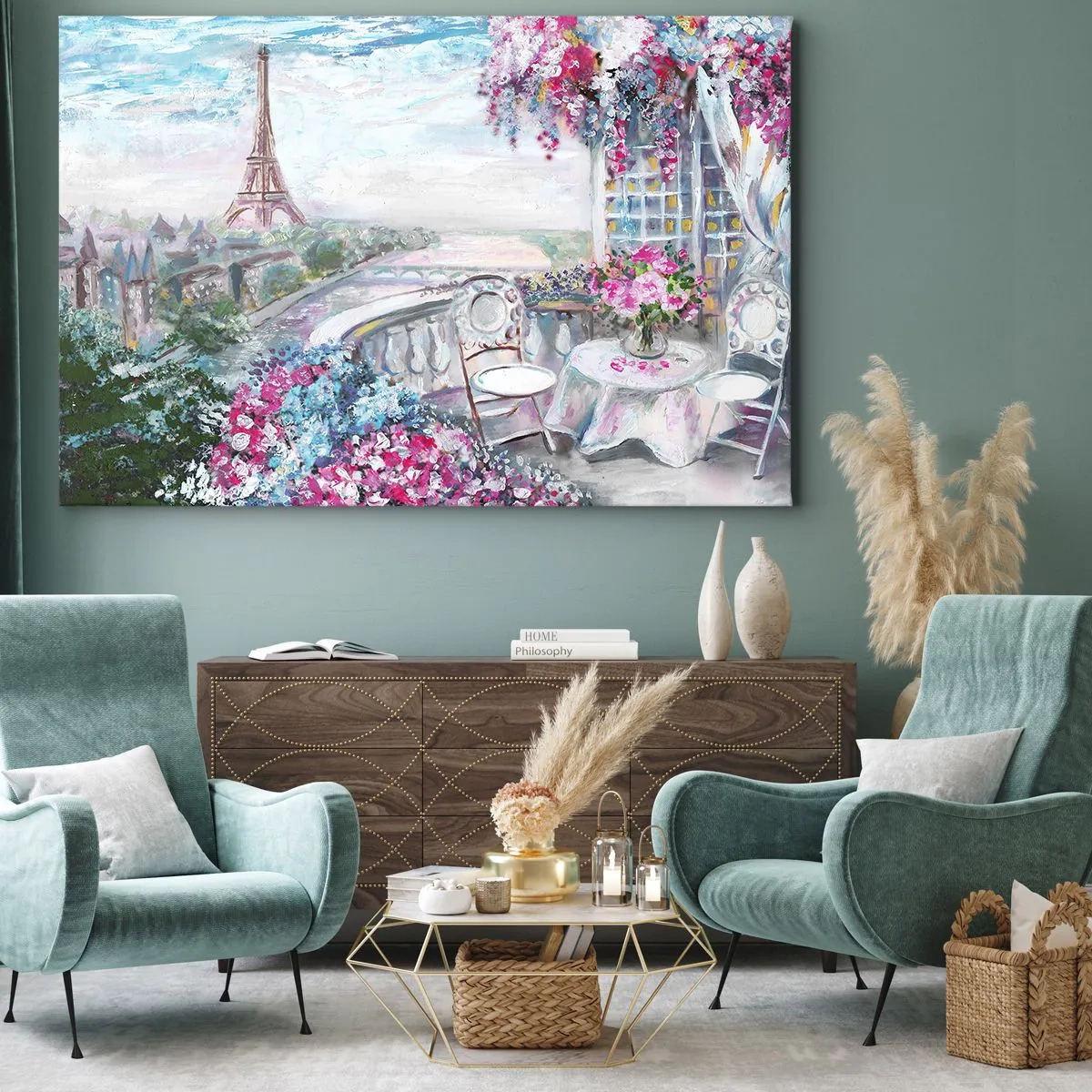 Impression sur toile - Image sur toile - Une vue romantique de Paris avec la Tour Eiffel et un balcon rempli de fleurs - 100x70cm - C'est le plus beau ici en mai - Décoration murale moderne pour le salon et la chambre ARTTOR