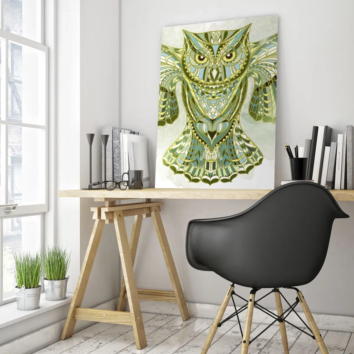Impression sur verre - Image sur verre - Chouette bleue aux ailes déployées de style géométrique - 50x70cm - D'un bosquet sacré celtique - Décoration murale moderne pour le salon et la chambre ARTTOR