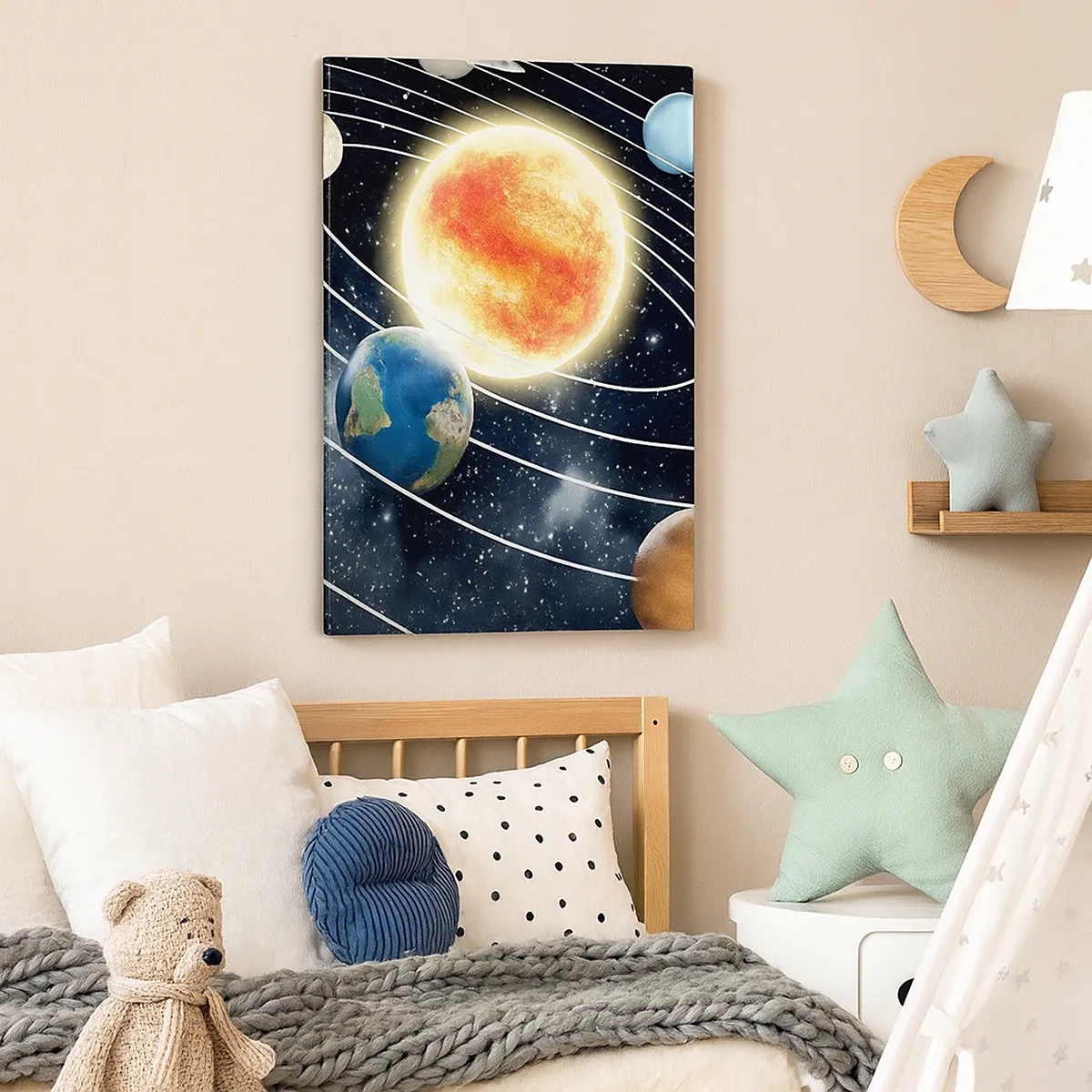 Impression sur toile - Image sur toile - Système solaire avec planètes et soleil dans l'espace - 50x70cm - Danse cosmique - Décoration murale moderne pour le salon et la chambre ARTTOR