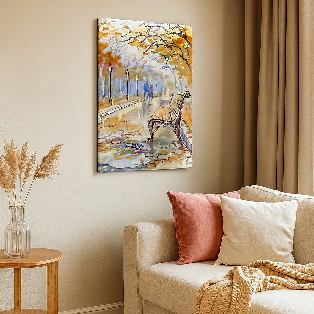 Impression sur toile - Image sur toile - Un parc d'automne avec un banc à l'aquarelle - 50x70cm - Errer ensemble à l'automne - Décoration murale moderne pour le salon et la chambre ARTTOR