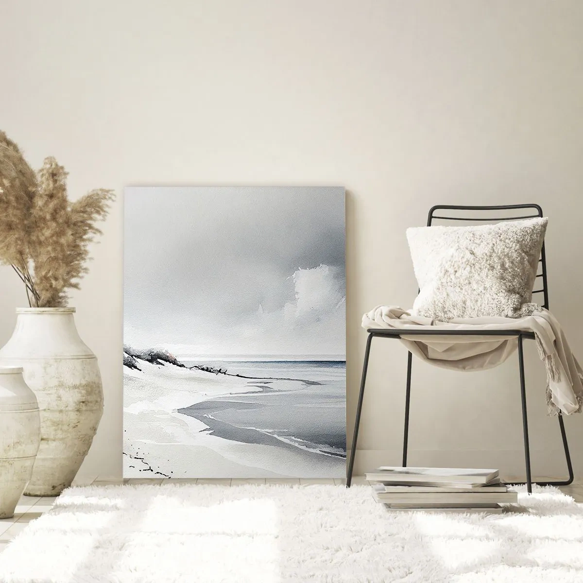 Impression sur verre - Image sur verre - Une plage aux tons sobres de gris et de bleu - 70x100cm - Ensemble depuis toujours - Décoration murale moderne pour le salon et la chambre ARTTOR