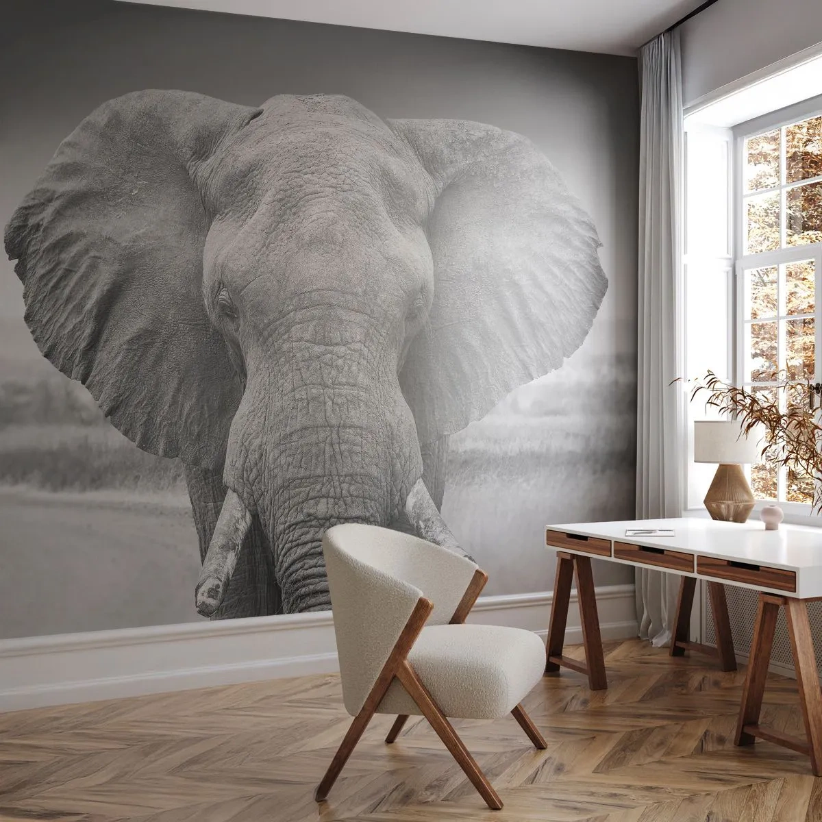 Papier Peint Photo Premium Sand - Portrait noir et blanc d'un éléphant d'Afrique sur fond de savane - 100x70cm - Bienvenue dans mon monde - Décoration murale moderne pour le salon et la chambre ARTTOR