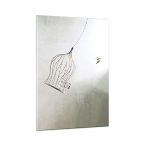 Impression sur verre - Image sur verre - Une cage ouverte et un colibri s'envolant à la lumière du jour - 50x70cm - Dans son élément - Décoration murale moderne pour le salon et la chambre ARTTOR