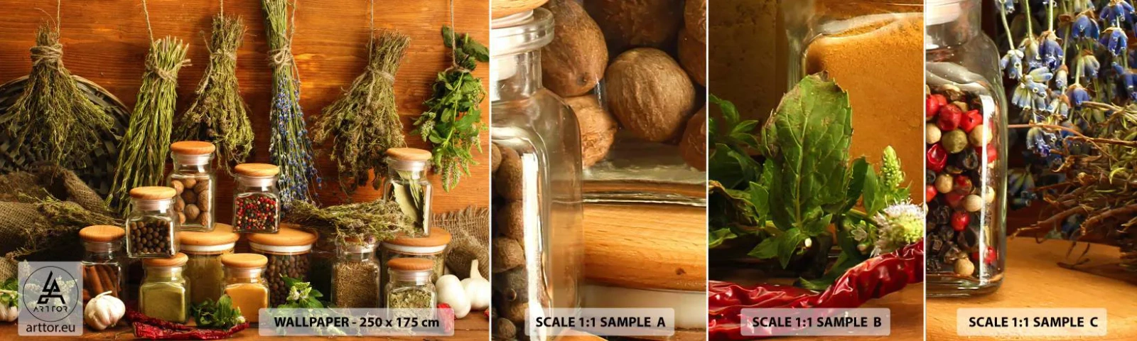 Échantillon de Papier Peint Autocollant Deluxe Sticker - Sortilèges de cuisine - La gastronomie, Herbes séchées, Épices - 100x30 cm