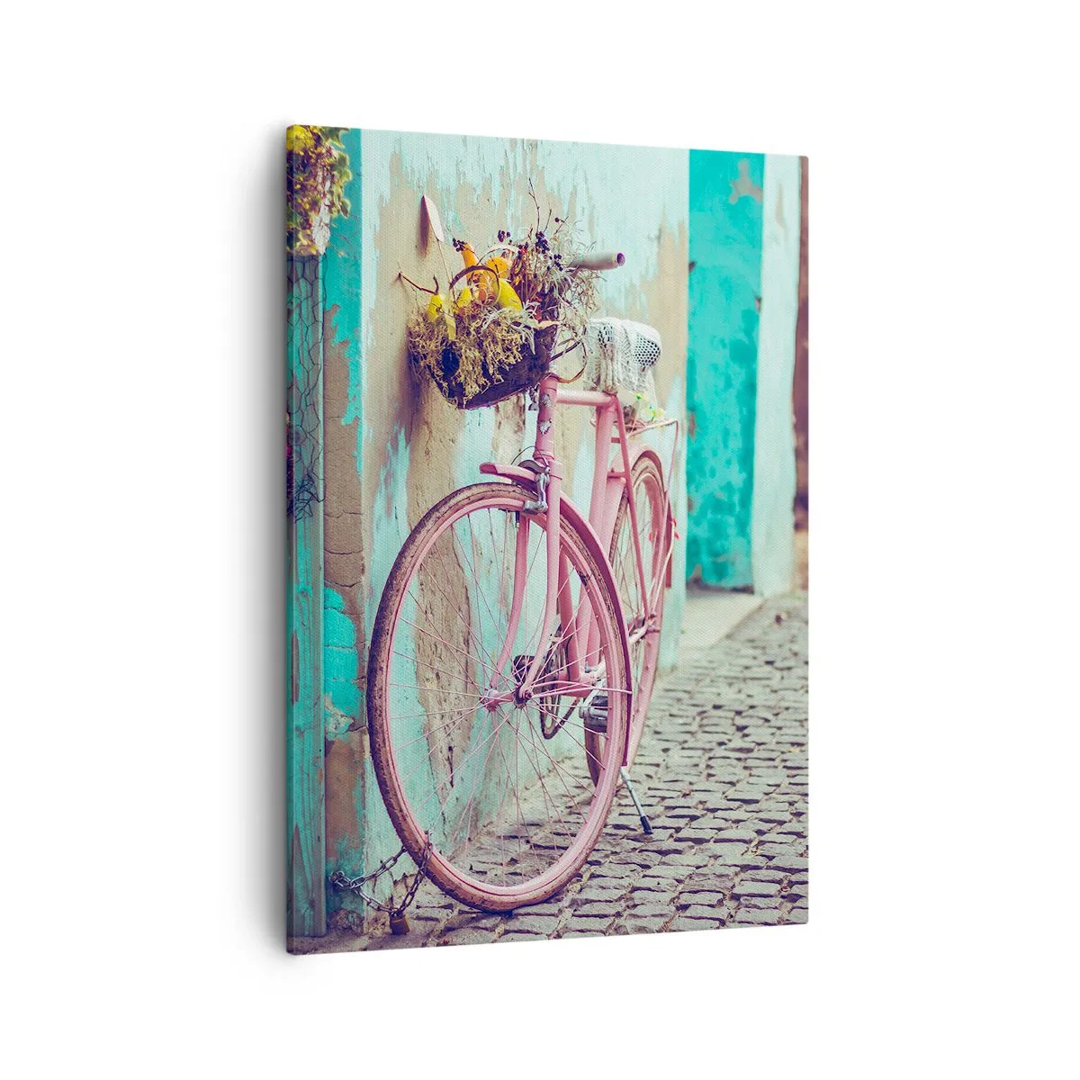 Impression sur toile - Image sur toile - Un vélo rose près d'une porte turquoise - 50x70cm - Je reviens tout de suite - Décoration murale moderne pour le salon et la chambre ARTTOR