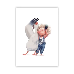 Affiche - Poster - Illustration d'un enfant avec des jumelles et un oiseau les accompagnant - 50x70cm - Plan de grand voyage - Décoration murale moderne pour le salon et la chambre ARTTOR