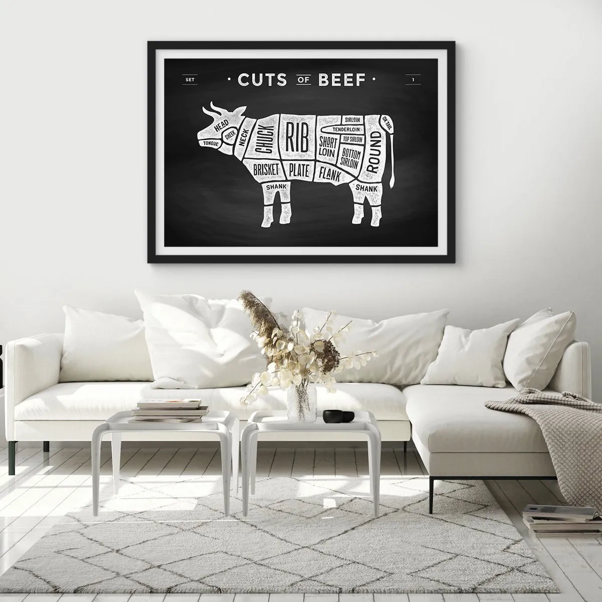 Affiche dans un cadre noir - Poster - Diagramme des coupes de bœuf sur fond noir - 70x50cm - L'art de la découpe - Décoration murale moderne pour le salon et la chambre ARTTOR