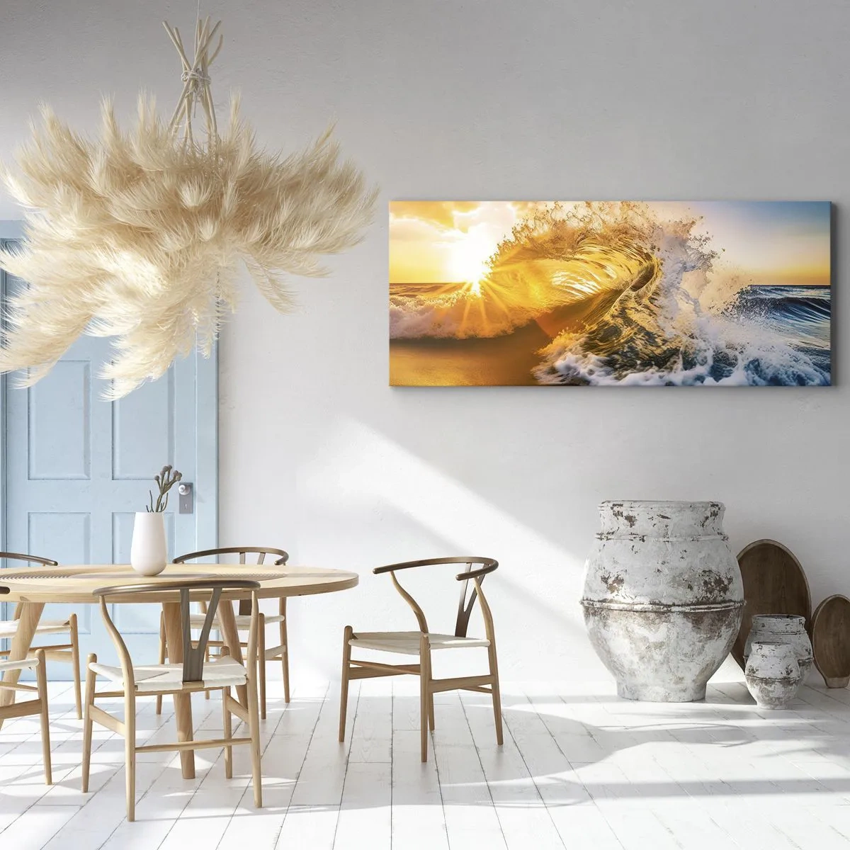 Impression sur toile - Image sur toile - Une vague dorée sur fond de soleil couchant - 140x50cm - S'amuser dans le sable - Décoration murale moderne pour le salon et la chambre ARTTOR