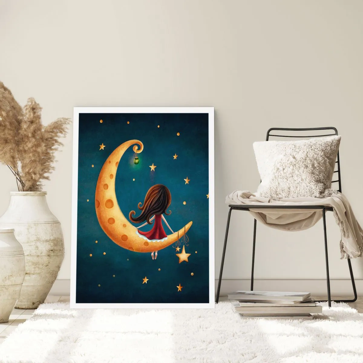 Affiche - Poster - Une fille sur la lune entourée d'étoiles et d'une lanterne - 50x70cm - Il était une fois... - Décoration murale moderne pour le salon et la chambre ARTTOR