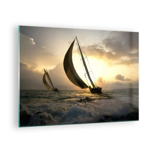 Impression sur verre - Image sur verre - Voiliers dans une mer agitée au coucher du soleil - 70x50cm - Avec le vent et contre le vent - Décoration murale moderne pour le salon et la chambre ARTTOR