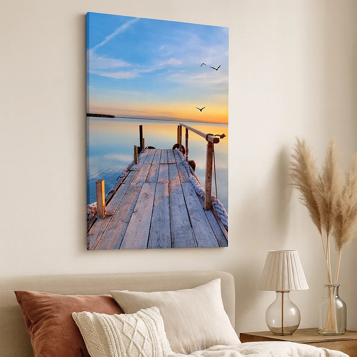 Impression sur toile - Image sur toile - Jetée en bois au coucher du soleil sur un lac calme - 50x70cm - Marcher droit vers le soleil - Décoration murale moderne pour le salon et la chambre ARTTOR