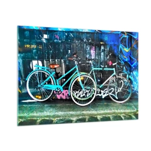 Impression sur verre - Image sur verre - Un vélo de ville sur fond de graffitis et d'ambiance néon - 100x70cm - L'appel de la ville  - Décoration murale moderne pour le salon et la chambre ARTTOR