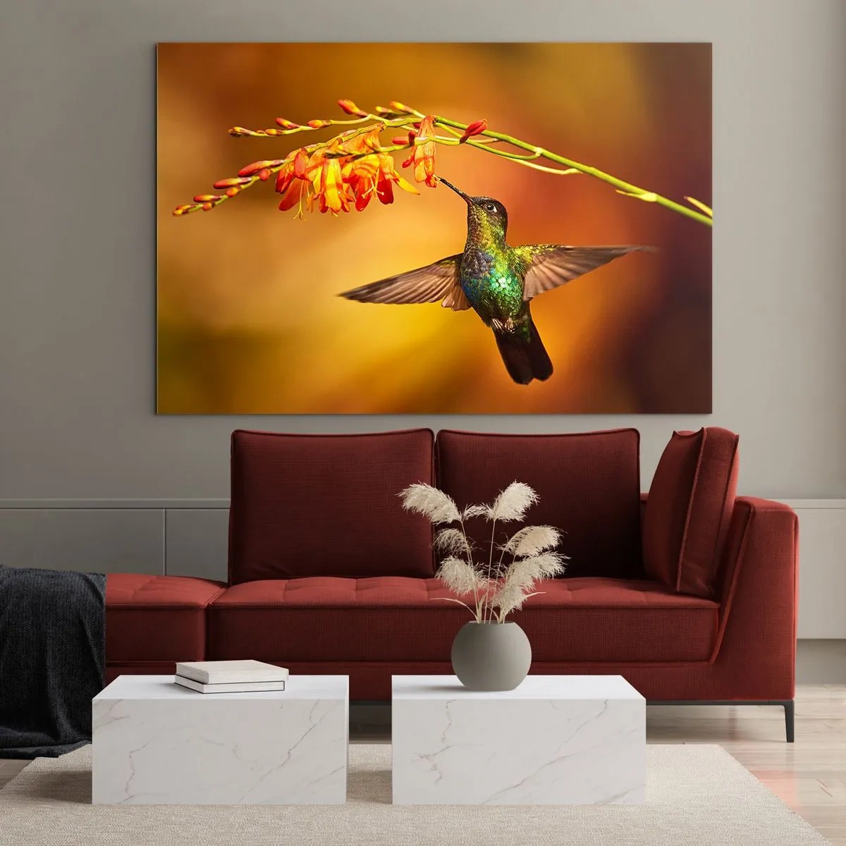 Impression sur verre - Image sur verre - Colibri près des fleurs dans une lueur dorée - 100x70cm - Un messager de lumière selon les Mayas - Décoration murale moderne pour le salon et la chambre ARTTOR