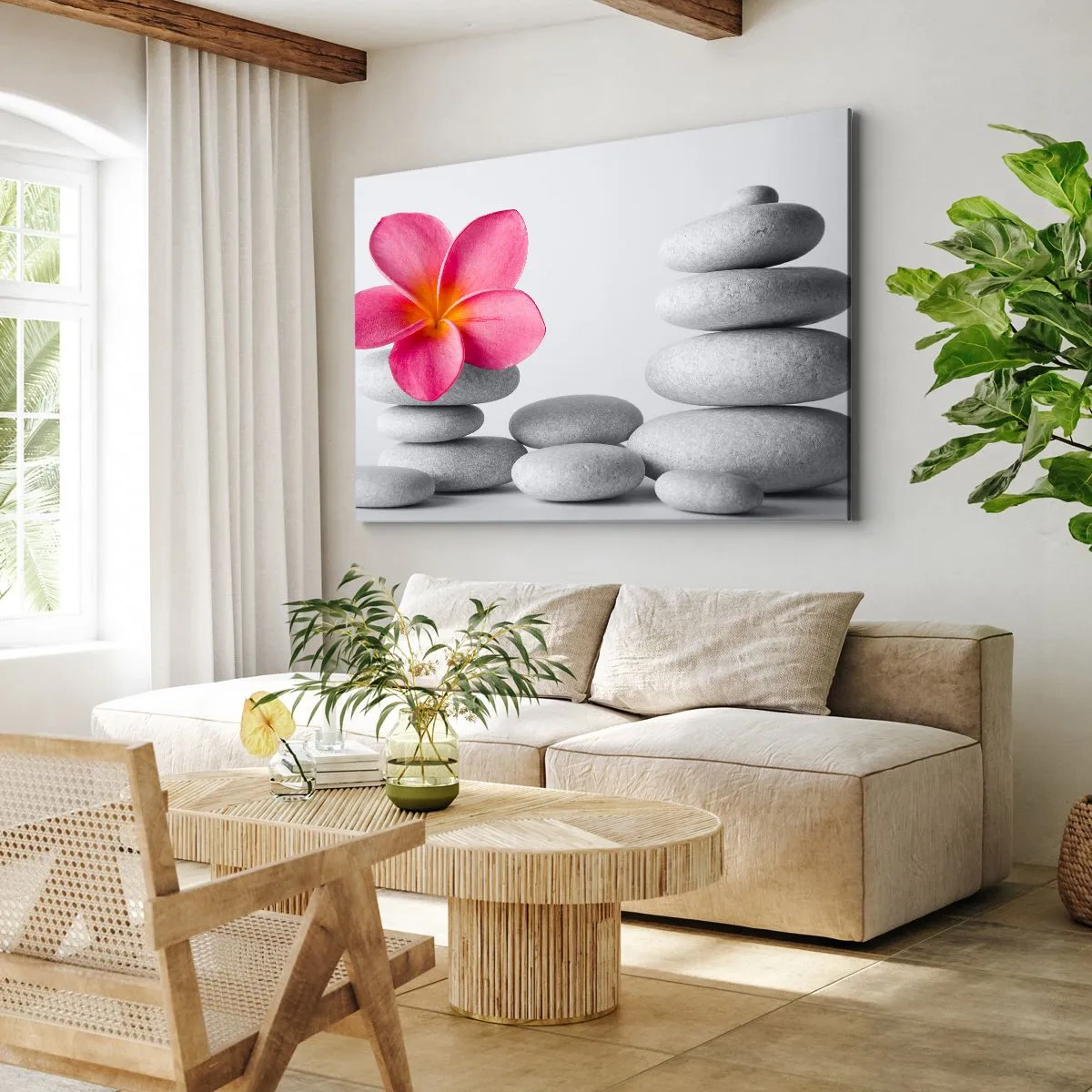Impression sur toile - Image sur toile - Fleur rose sur pierres de style zen - 100x70cm - Pierre sur pierre, et sur cette pierre... - Décoration murale moderne pour le salon et la chambre ARTTOR