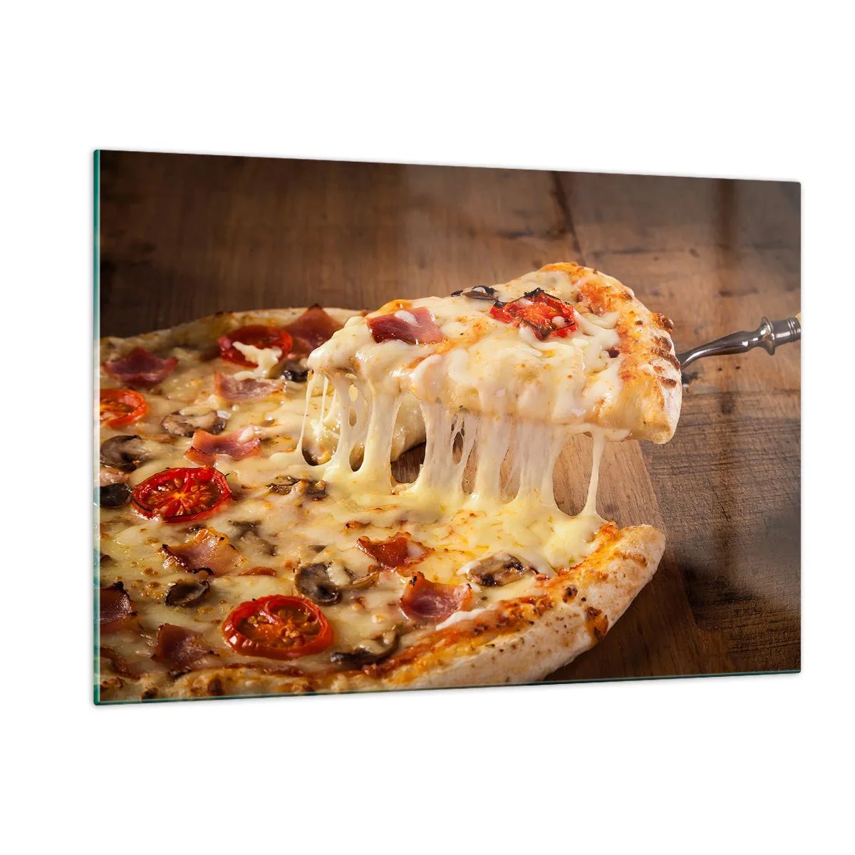 Impression sur verre - Image sur verre - Pizza au fromage filandreux, tomates et jambon sur fond de bois - 120x80cm - Un chef-d'œuvre de l'art italien - Décoration murale moderne pour le salon et la chambre ARTTOR